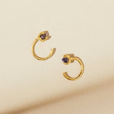 Iolite Ear Huggers, Purple Sapphire Hoop Earrings, September Birthstone Earrings, Open Huggie Hoops, Open Hug Hoops, Delicate Gold Hoops 