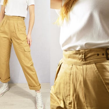 Unisex High Waisted Gurkha Pants - 100% Cotton - 1950s Army Style Trousers - Buckle Adjustable - Tan Beige / Army Green / Navy Ink Blue 