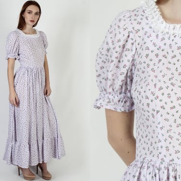 Vintage 70s Pilgrim Folk Dress / Country Calico Floral Dress / Purple Cotton Homespun Maxi Dress 