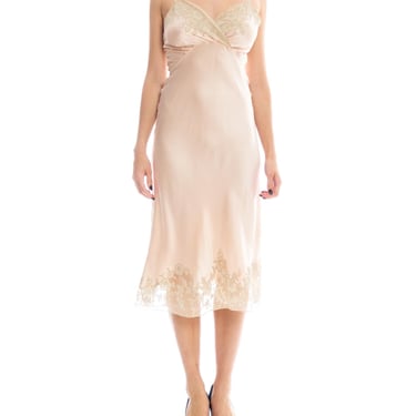 1930s Peach and Beige Floral Embroidered Silk Slip dress 