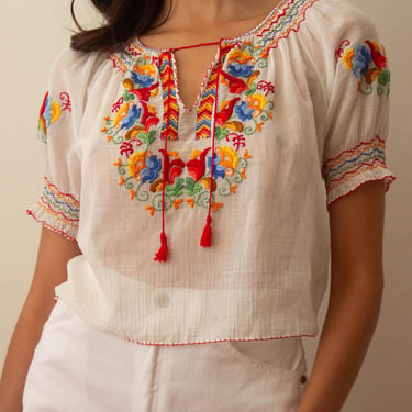 1930s Hungarian Embroidered Cotton Voile Peasant Top 