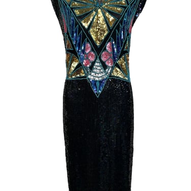 80s Silk Beaded and Sequined Plus Size V-Neck Dress