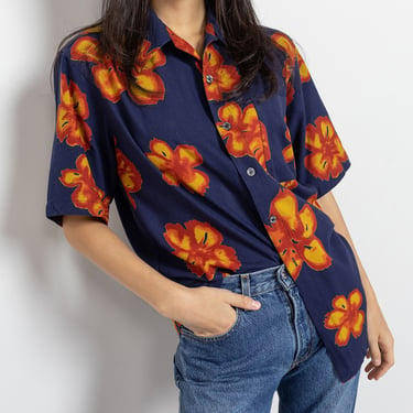 SILK HAWAIIAN SHIRT Blouse Bold Floral Vintage 70's Grunge Orange Blue Short Sleeves / Small Medium 