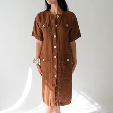 Vintage 70s Luisa Spagnoli Chocolate Brown Linen Dress w/ Large Cream Pearlescent Buttons | Made in Italy | 1970s 1980s Linen Duster Dress 