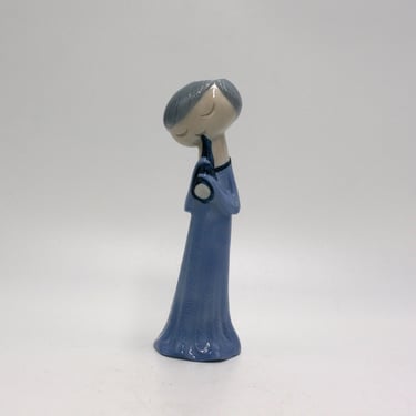 vintage blue porcelain vase girl with musical instrument 