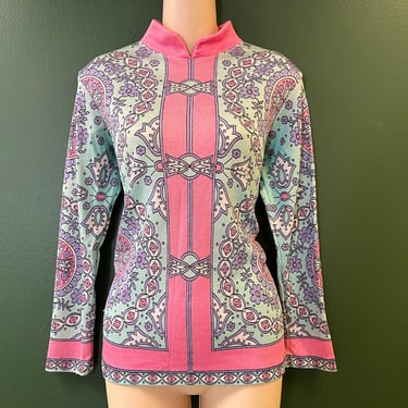 1960s graphic blouse vintage pink psychedelic knit top large 