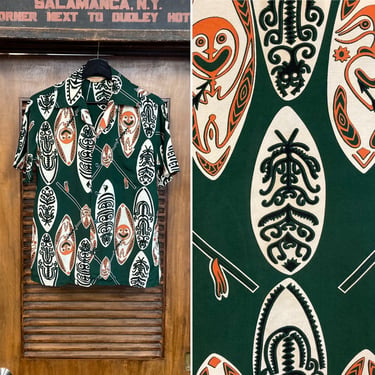 Vintage 1950’s “McGregor” Tiki Tribal Atomic Rayon Hawaiian Rockabilly Shirt, 50’s Loop Collar, Vintage Clothing 