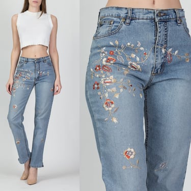 Y2K Floral Embroidered Jeans - Medium | Vintage Light Wash Stretchy Denim Sequin High Waist Jeans 