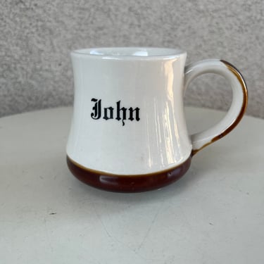 Vintage ceramic coffee mug beige brown John printed on mug holds 10 oz 