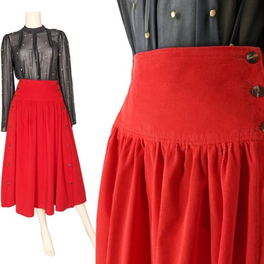 Vintage Red Corduroy Skirt, Small Medium / Bright Red Button Skirt / Flared 1980s Drop Waist Skirt 