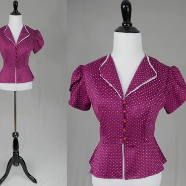 70s 80s Purple Jacket Top - White Polka Dots - Lightweight Knit - Peplum Waist - Vintage 1970s 1980s - S 