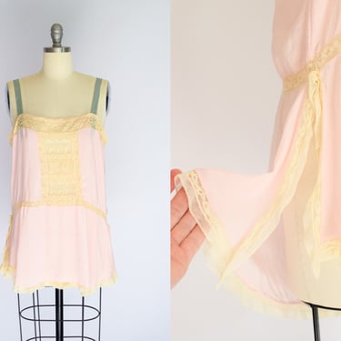 Antique 1930s Silk and Lace Camisole Top | M | Pink Silk Crepe Lingerie Blouse with Lace 1920s-30s 