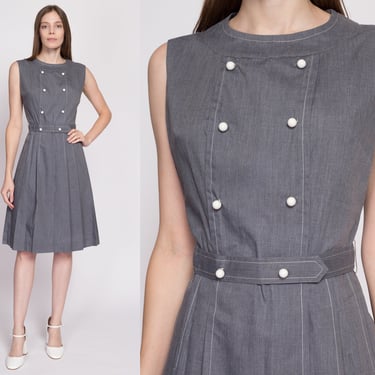 60s Grey Double Breasted Fit & Flare Dress - Small | Vintage Belted Mod Sleeveless Midi Dress 