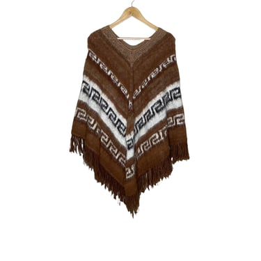 Vintage Alpaca Peru Wool Brown Greek Key Poncho 