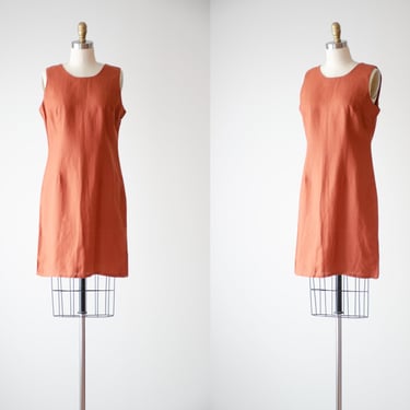 burnt orange dress | 90s y2k vintage Jennifer Eden rust brown minimalist short linen style mini dress 