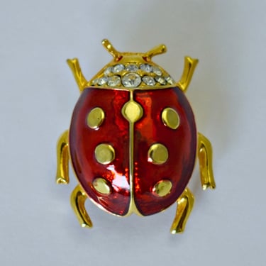 Kitsch 90's ladybug bling brooch, whimsical rhinestone enamel gold plate ladybird beetle pin 