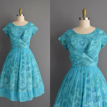 1950s vintage dress | Gorgeous Turquoise Rose Print Cocktail Party Wedding Dress | Large | 50s dress 