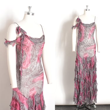 Vintage 2000s Dress / Y2K Diane Freis Ruffled Silk Dress / Gray Pink ( XS S M ) 