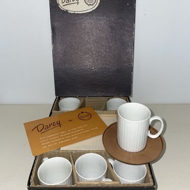 Vintage Darcy by Coronet (6) Demitasse Cups and Walnut Wooden Saucers Set Japan, Japanese tea set, demitasse cup set, modern tea set 