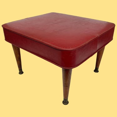 Vintage Ottoman Retro 1960s Mid Century Modern + Red + Vinyl + Rectangular + Brown Wood Legs + Footrest + MCM Furniture + Extra Seating 