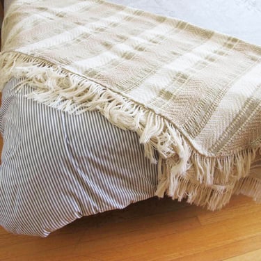 Vintage 70s Sand Neutral Stripe Knit Fringe Large Throw Blanket - 1970s Off White Beige Bohemian Beach House Blanket 