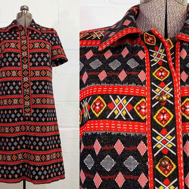 Vintage Knit Dress House of Shroyers Red Yellow Black Geometric Print Dress Mod 60s Fashion Short Sleeves 1960s Large 