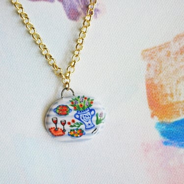 French Blue Ceramic Charm Necklace, Miniature Painting Charm, Porcelain Pendant Necklace, Hand Crafted Charm Necklace, Table Setting Pendant 