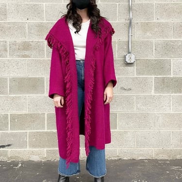 Vintage Cardigan Duster Retro 1990s I.B Diffusion + Wool Mohair Blend + Size Medium + Fuchsia + Pink + Fringed Collar + Womens Apparel 