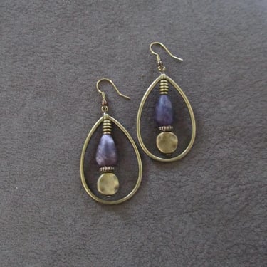 Purple stone teardrop hoop earrings 