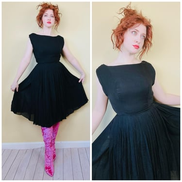 1950s Vintage Black Silk Fit and Flare Dress / 50s / Fifties Magical Boat Neck Cocktail Gown / Small 