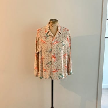 Pacific Isles print rayon pajama top 1950s-size XL 