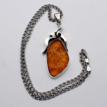 Big 70's Avant Garde amber & sterling pendant, spangled amber IBB Italy 925 silver chain necklace 