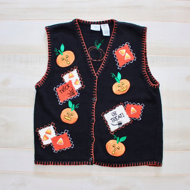 Vintage Halloween Ugly Sweater Vest, Novelty, Grandma, Holiday, Fall, Pumpkin, Candy 