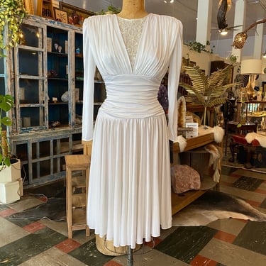 1980s coffin dress, vintage cocktail dress, white jersey, ruched, beaded sequins, medium, long sleeve, abby road 