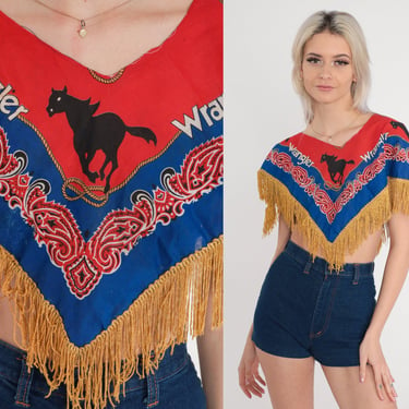 Wrangler Crop Top 80s Cropped Fringe Poncho Western Horse Bandana Print Open Side Shirt Rodeo Festival Red Blue Vintage 1980s Small Medium 