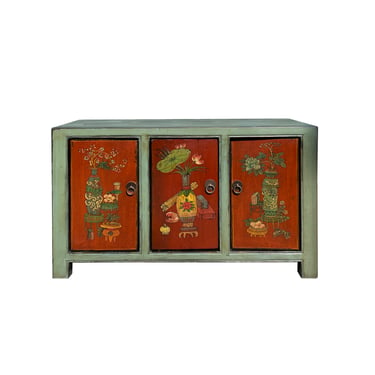 Chinese Vintage Gray Orange Flower Graphic Low TV Console Cabinet cs7427E 