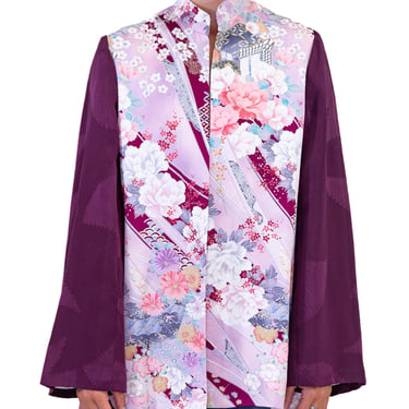 Morphew Collection Purple Floral Japanese Kimono Silk Jacket With Solid Sleeves 