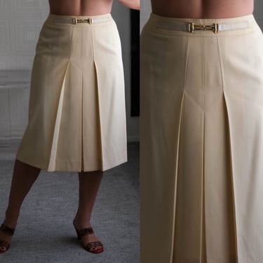 Vintage 80s CELINE PARIS Cream Gabardine Pleated Skirt w/ Leather & Metal Horsebit Accent | Made in France | 1980s French Designer Skirt 