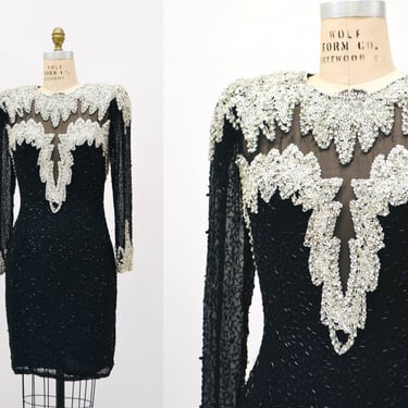 80s 90s Vintage Black Sequin Formal Party Dress Small Medium Black and Silver Metallic Sequin Dress// Vintage Black Sequin Long Sleeve Dress 