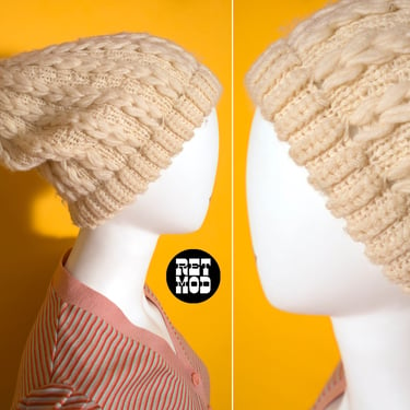 Cute Vintage 50s 60s Cream Cable Knit Wool Winter Hat with Pompom 