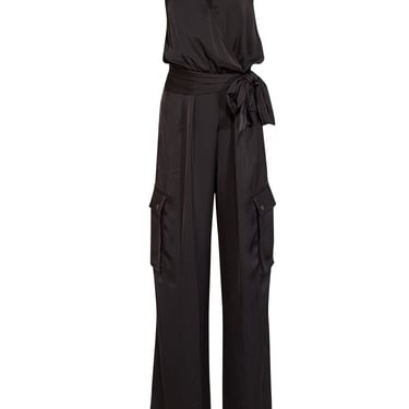 Ramy Brook - Black Satin Sleeveless Cargo Jumpsuit Sz L