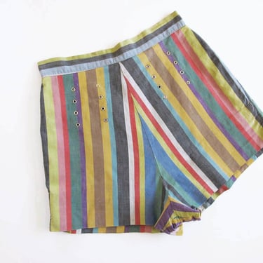 Vintage 60s Striped Womens High Waist Hot Pants Shorts 26 S - 1960s Colorful Stripe Cotton Pin Up Shorts Grommet Detail 