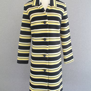 Honey Bee - 1960s -Mid Century Mod - Ribbed Polyester Knit - Coat/Dress - Black/Yellow /White - Estimated size L 