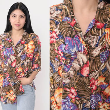 Hawaiian Shirt 90s Tropical Floral Top Button Up Blouse Flower Leaf Print Top Summer Short Sleeve Botanical Vintage 1990s Extra Large xl 