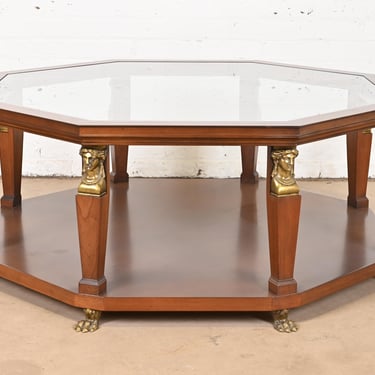 Baker Furniture Egyptian Revival Walnut and Brass Octagonal Cocktail Table