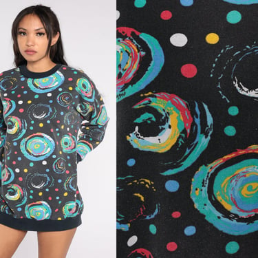 Cosmic Sweatshirt 90s Black Abstract Sweatshirt Polka Dot Swirl Print Shirt Graphic Pullover Sweater All Over Print Vintage 1990s Medium M 