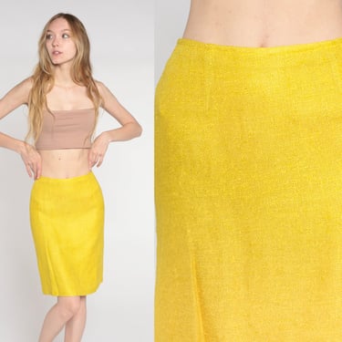 Yellow Pencil Skirt 60s Tweed Mini Skirt High Waisted Preppy Wiggle Retro Fitted Basic Girly Chic Secretary Vintage 1960s Extra Small XS 