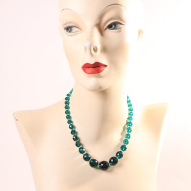 1950s Emerald Green and Clear Glass Faceted Graduated Formal Beaded Necklace 