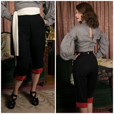 1950s Pants - Vintage 50s Black Gabardine Capri Pedal Pushers with Red Cuffs 