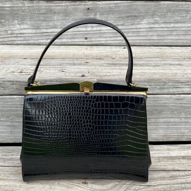 1960s classic black handbag  lizard texture purse 